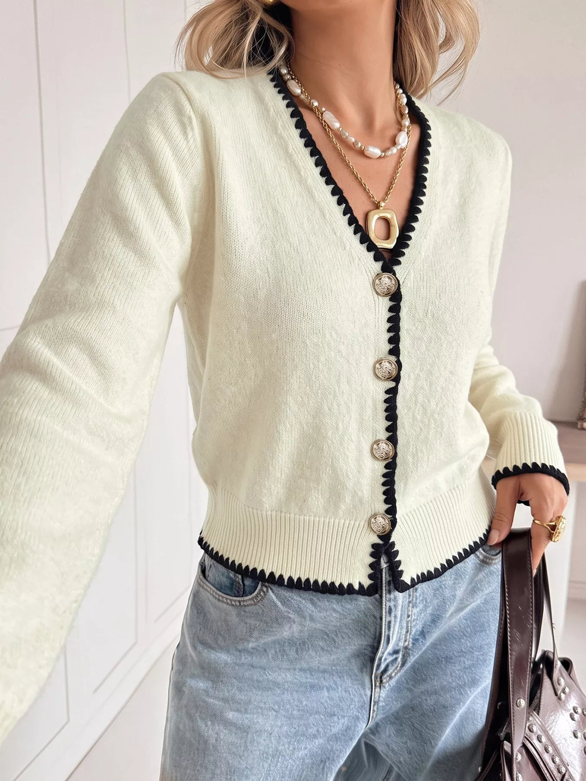 Trendsi Contrast Trim V-Neck Button-Down Cardigan -