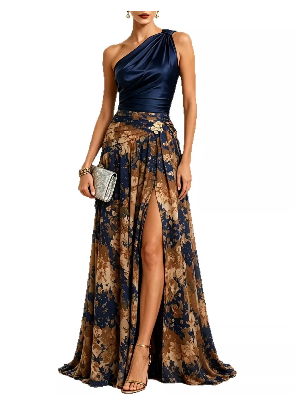 One-Shoulder Floral Print High-Slit Evening Dress — front view