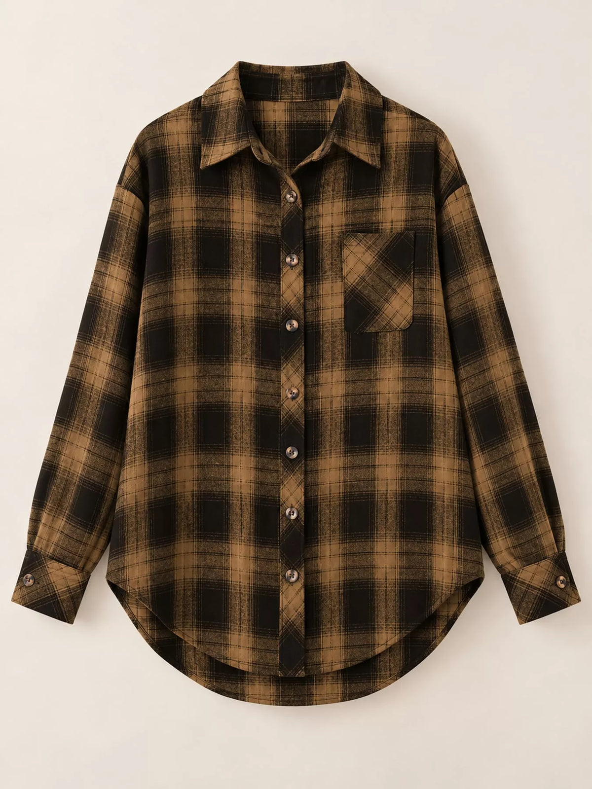 Oversized plaid shirt, brown plaid flat front
