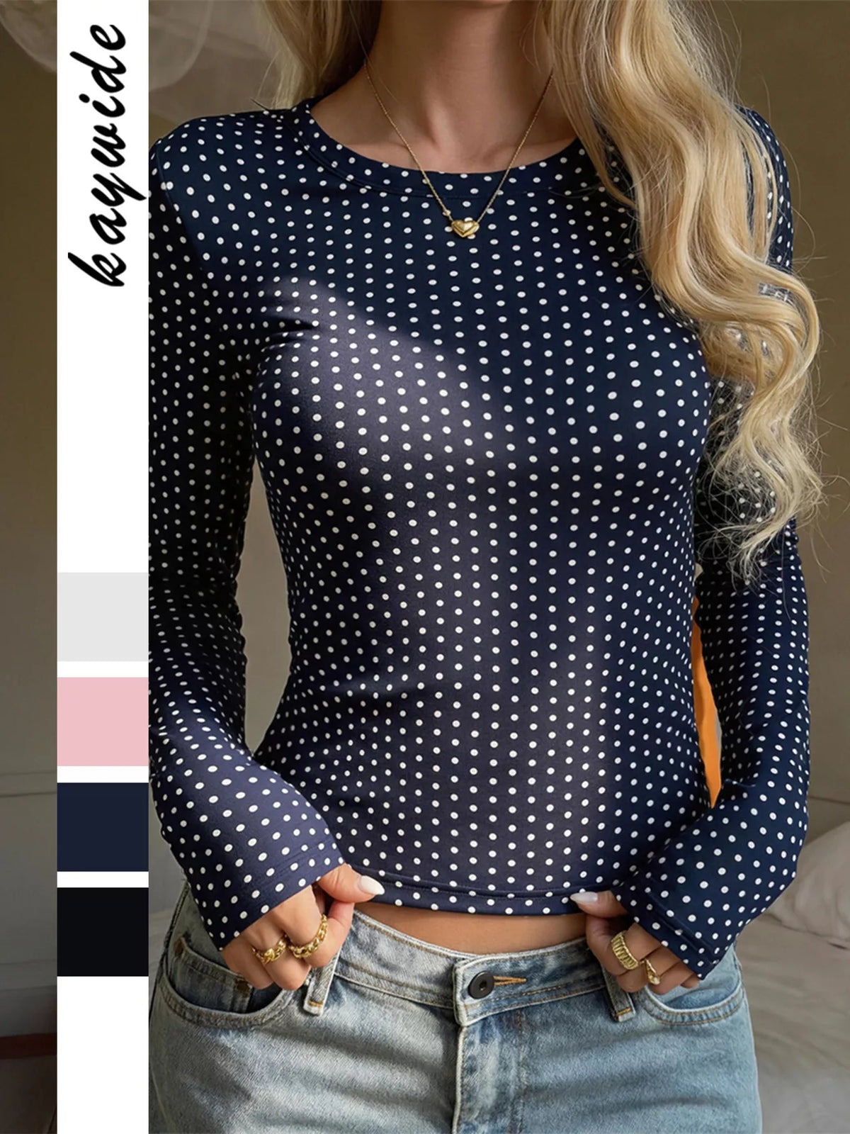 Navy polka dot slim-fit long sleeve T-shirt
