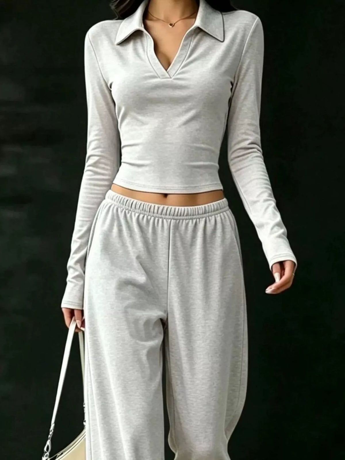 Gray polo top and wide-leg pants set, collared crop top and elastic-waist pants