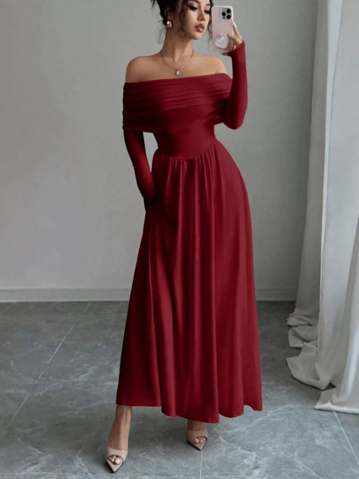 Red off-shoulder long sleeve maxi dress