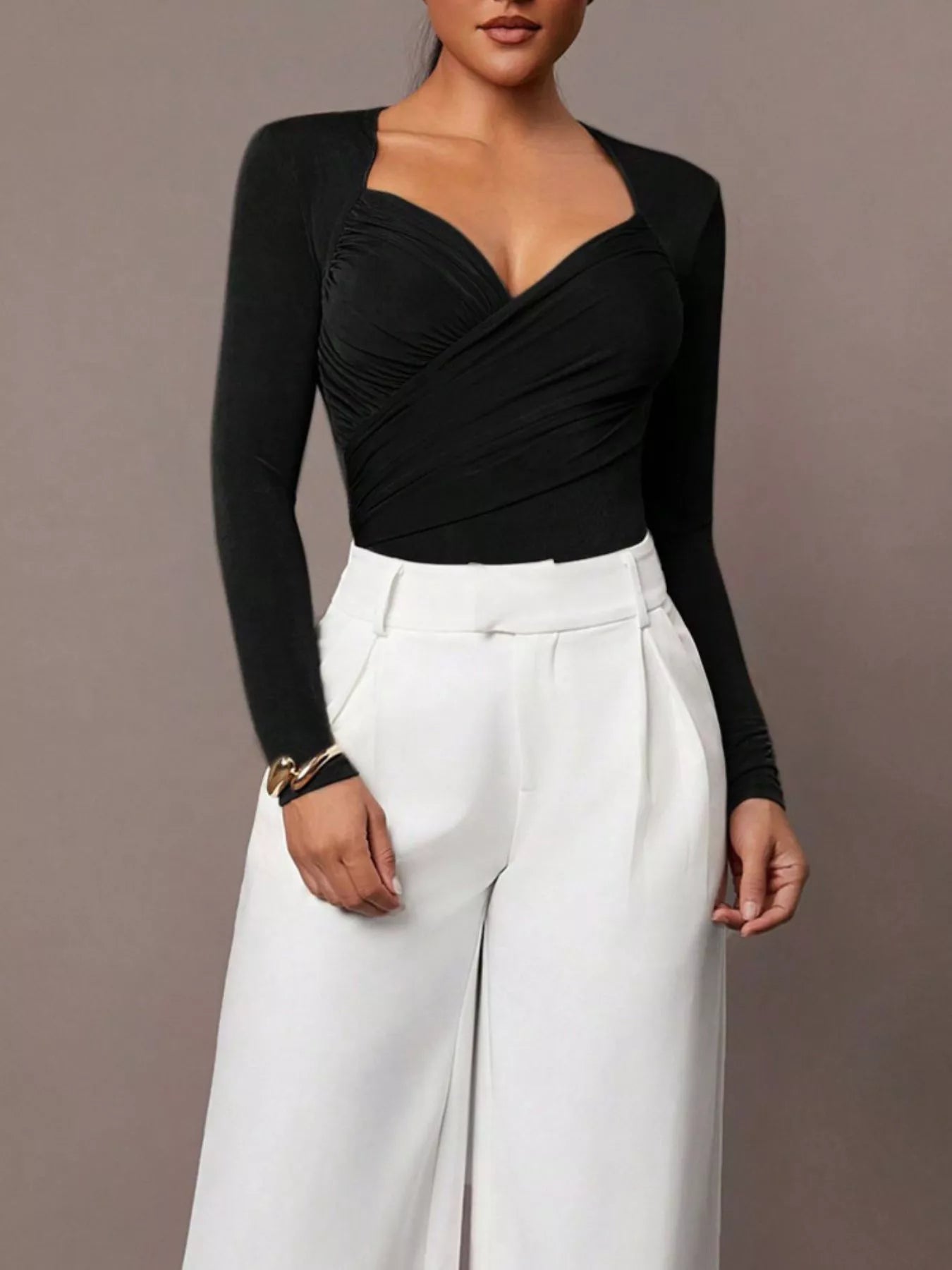 Trendsi Ruched Surplice Long Sleeve Bodysuit -