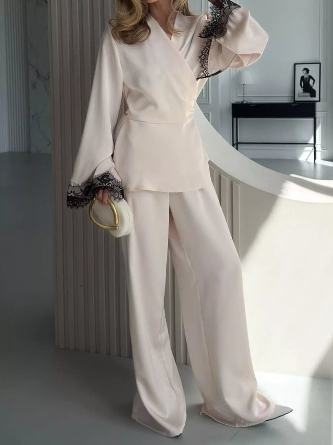 Trendsi Lace Trim Wrap Top and Pants Set -