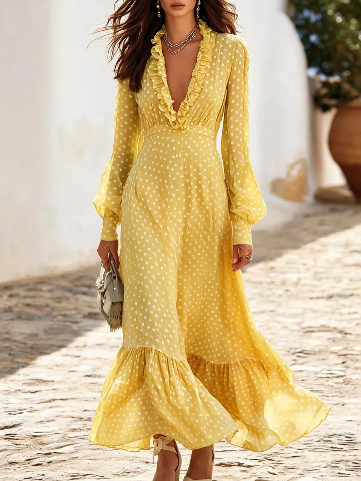 Pastel yellow polka-dot ruffle v-neck maxi dress