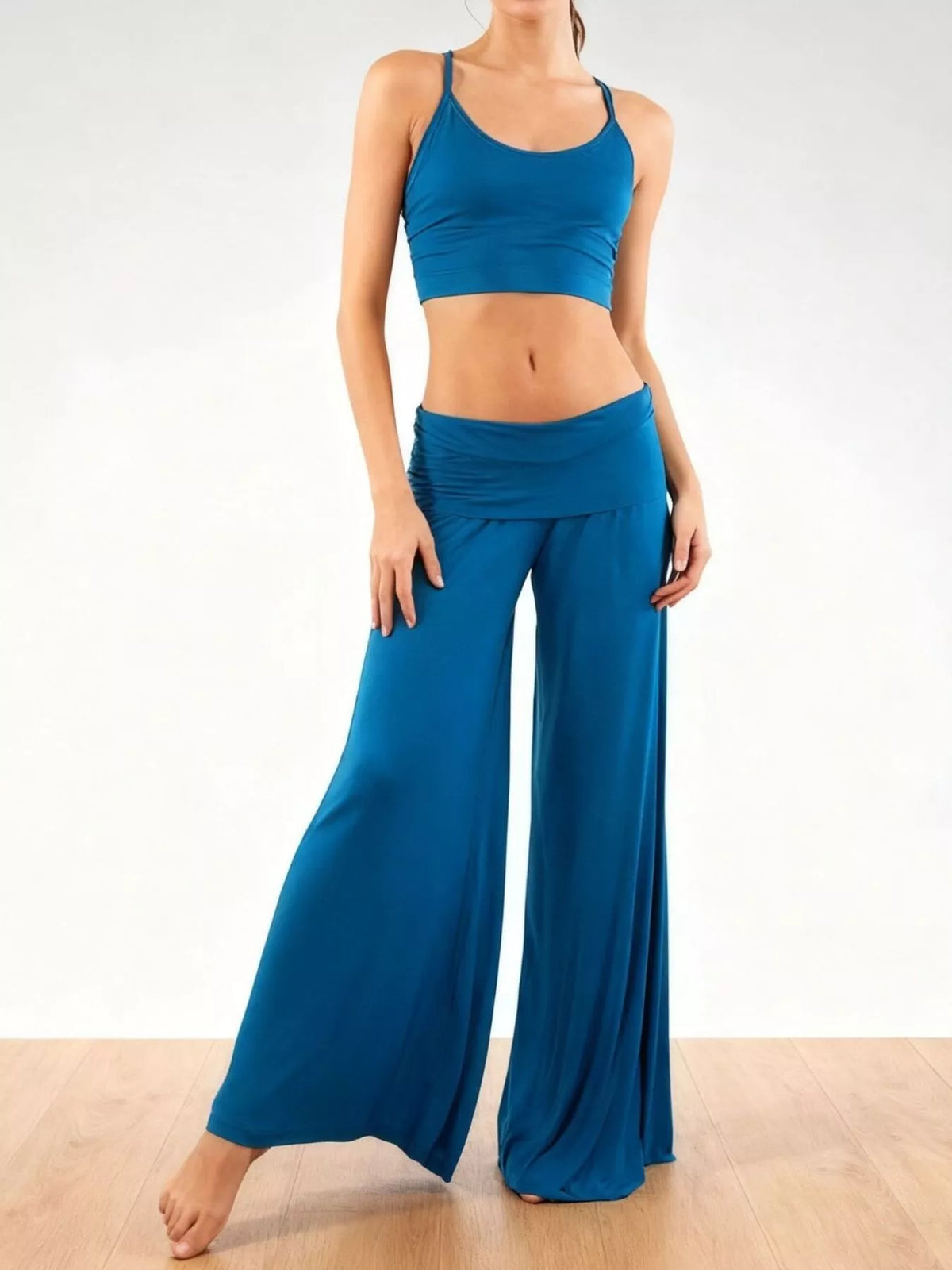 Blue fold-over wide-leg pants, front view