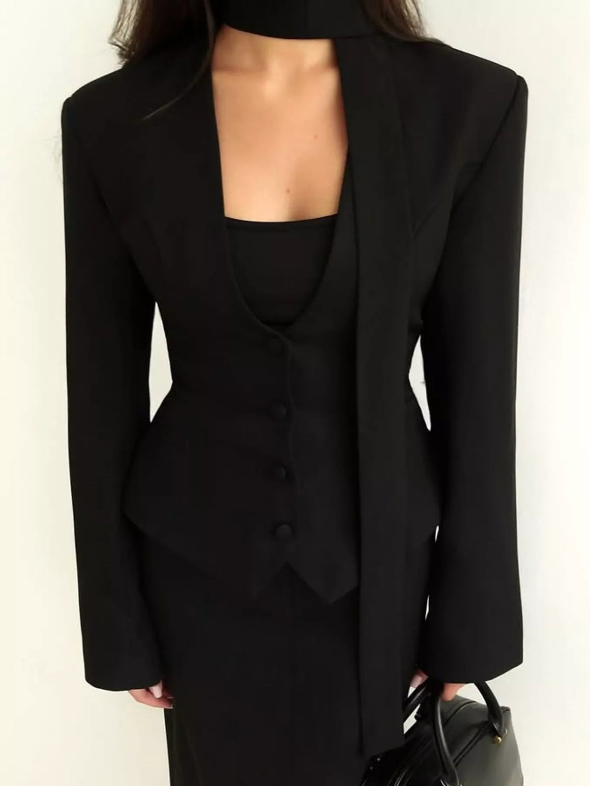 long sleeve blazer, front view on model