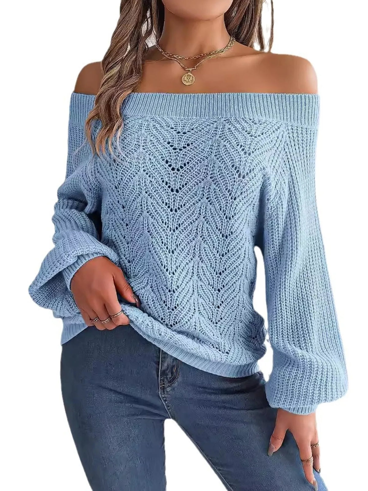 Openwork Off-Shoulder Sweater in blue, front view