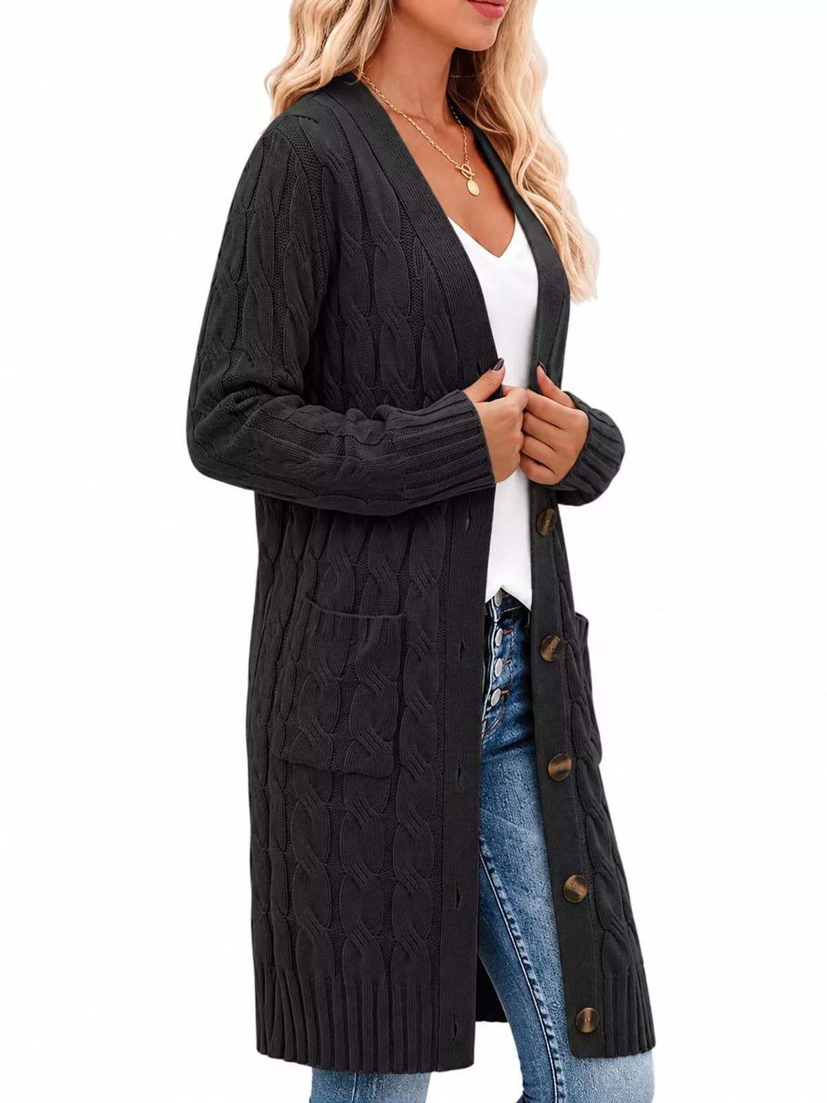 Cable Knit Button-Down Cardigan with Pockets — side view