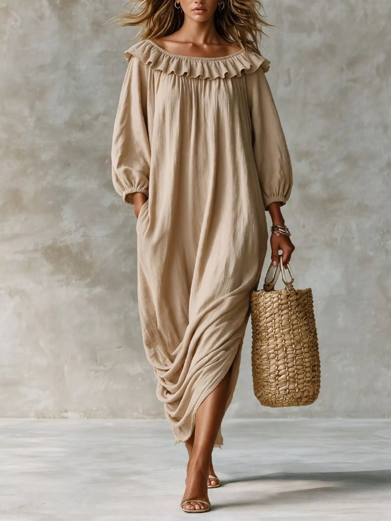 Trendsi Ruffled Boat Neck Ruched Midi Dress -