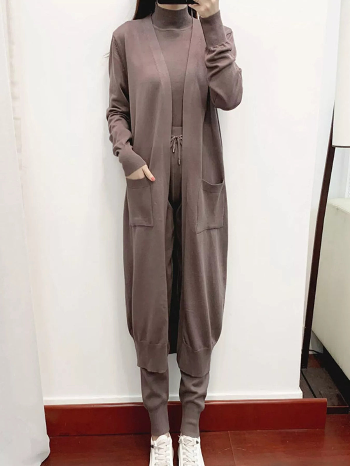 Sleeveless Top and Drawstring Joggers Sweater Set with Long Cardigan — front view