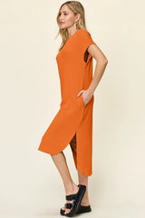 Trendsi Double Take Full Size Round Neck Short Sleeve Slit Dress - Dresses