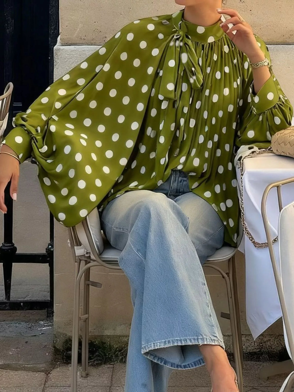 Green polka dot long sleeve blouse