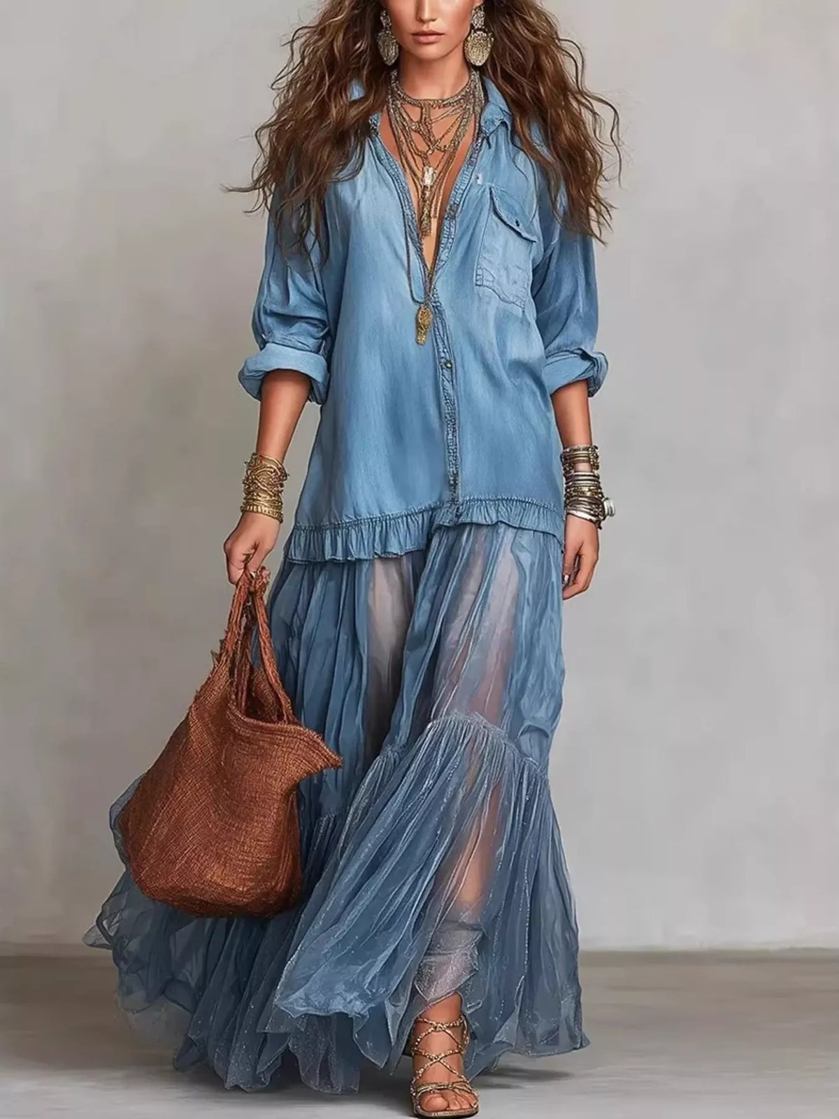 Blue sheer tiered long sleeve maxi dress — front view