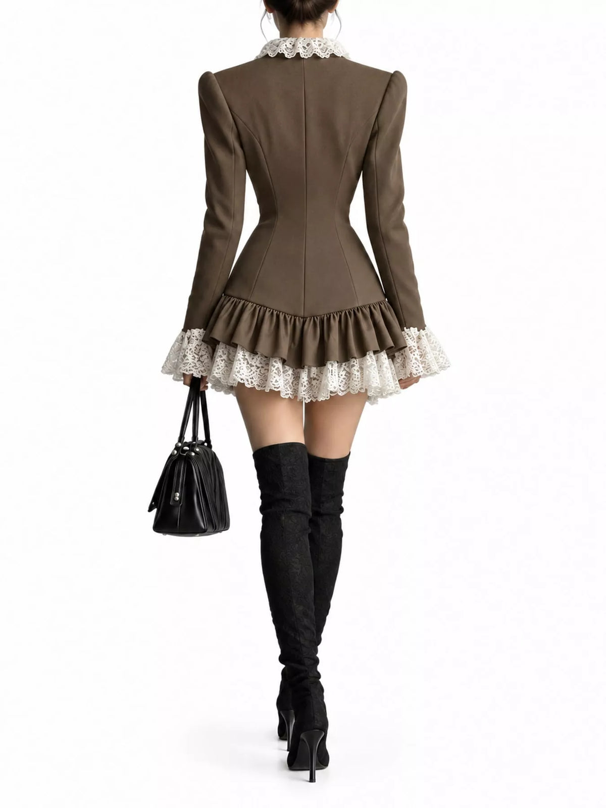Brown lace trim blazer dress, back view