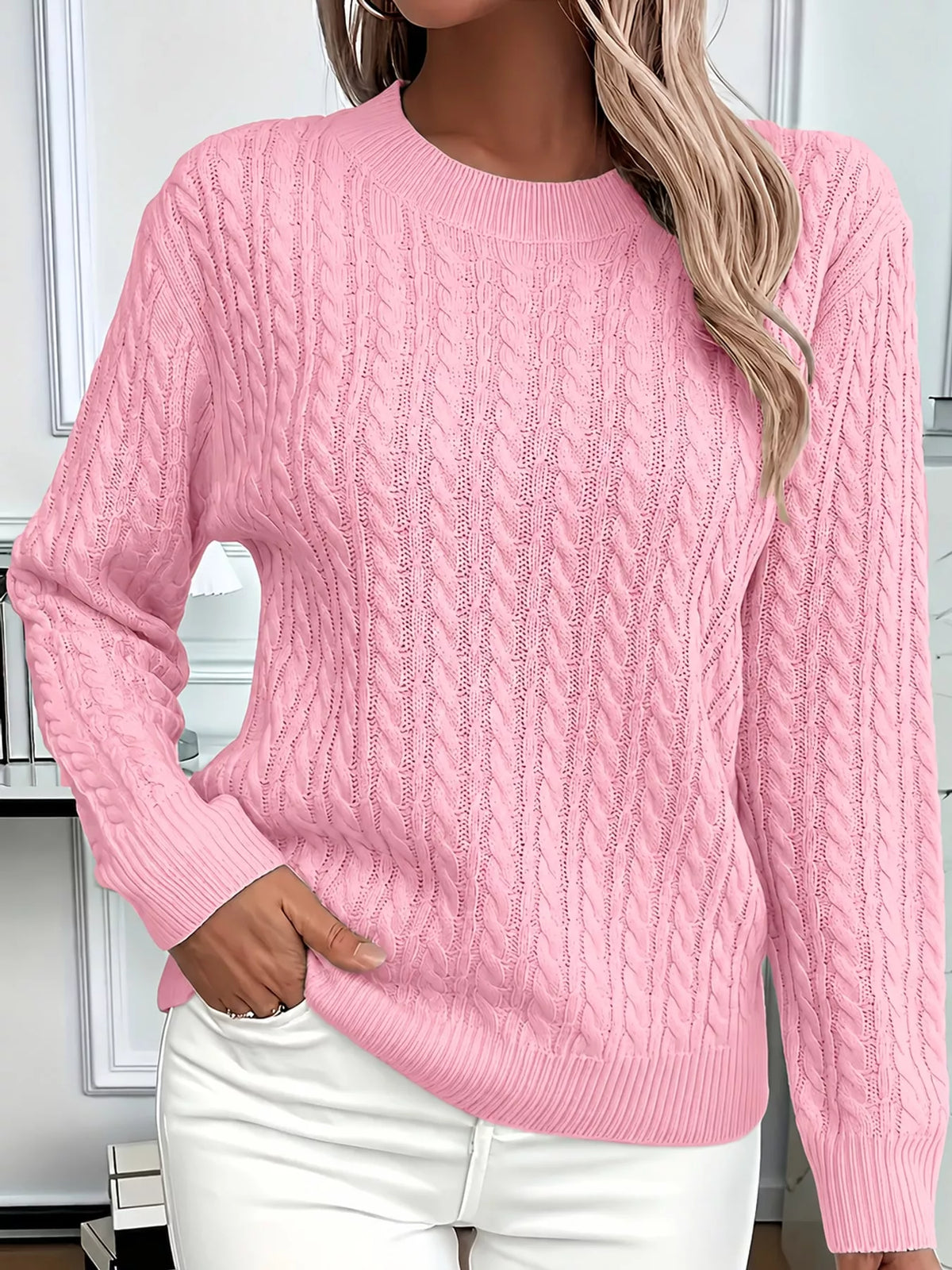 Pink cable knit round neck sweater