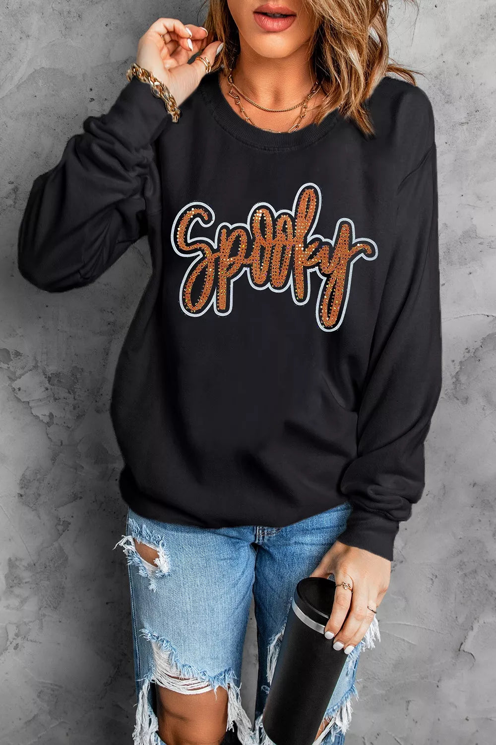 Trendsi Spooky Rhinestone Drop Shoulder Sweatshirt -