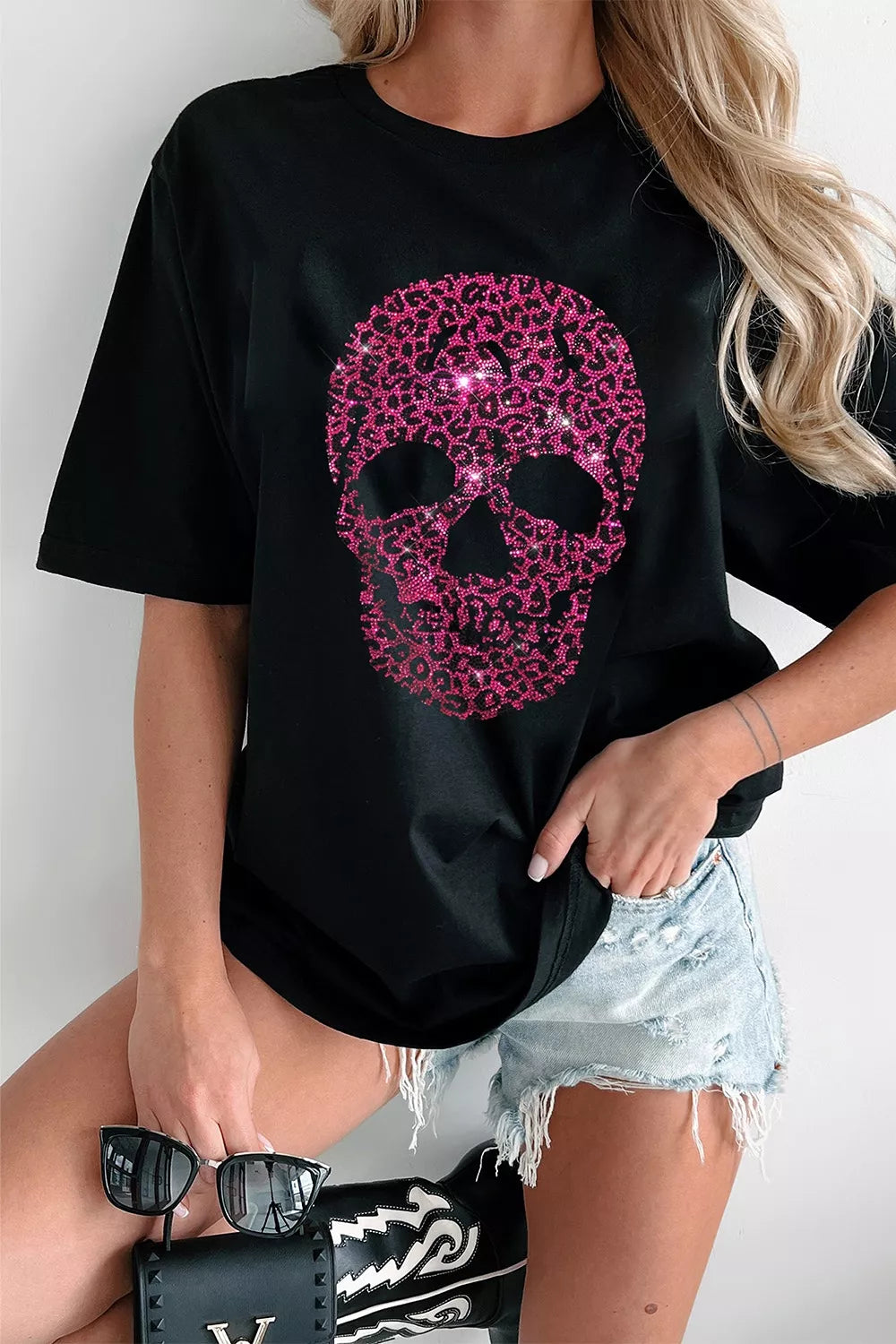 Trendsi Rhinestone Skull Graphic Crew Neck T Shirt -