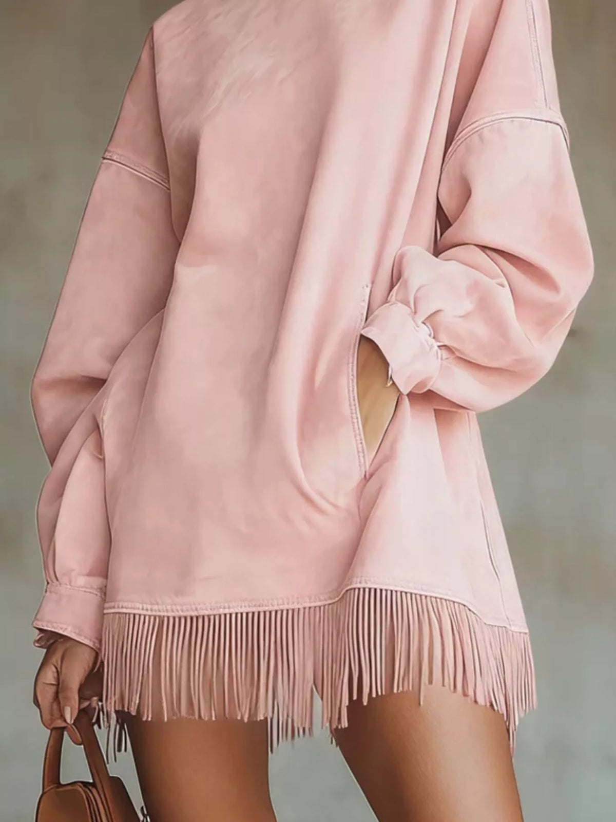 Trendsi Full Size Mock Neck Fringed Hem Long Sleeve Mini Dress Plus Size -