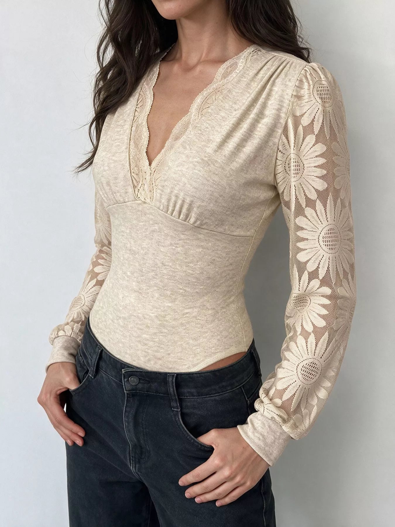 Trendsi V-Neck Lace Trim Floral Mesh Sleeve Bodysuit -
