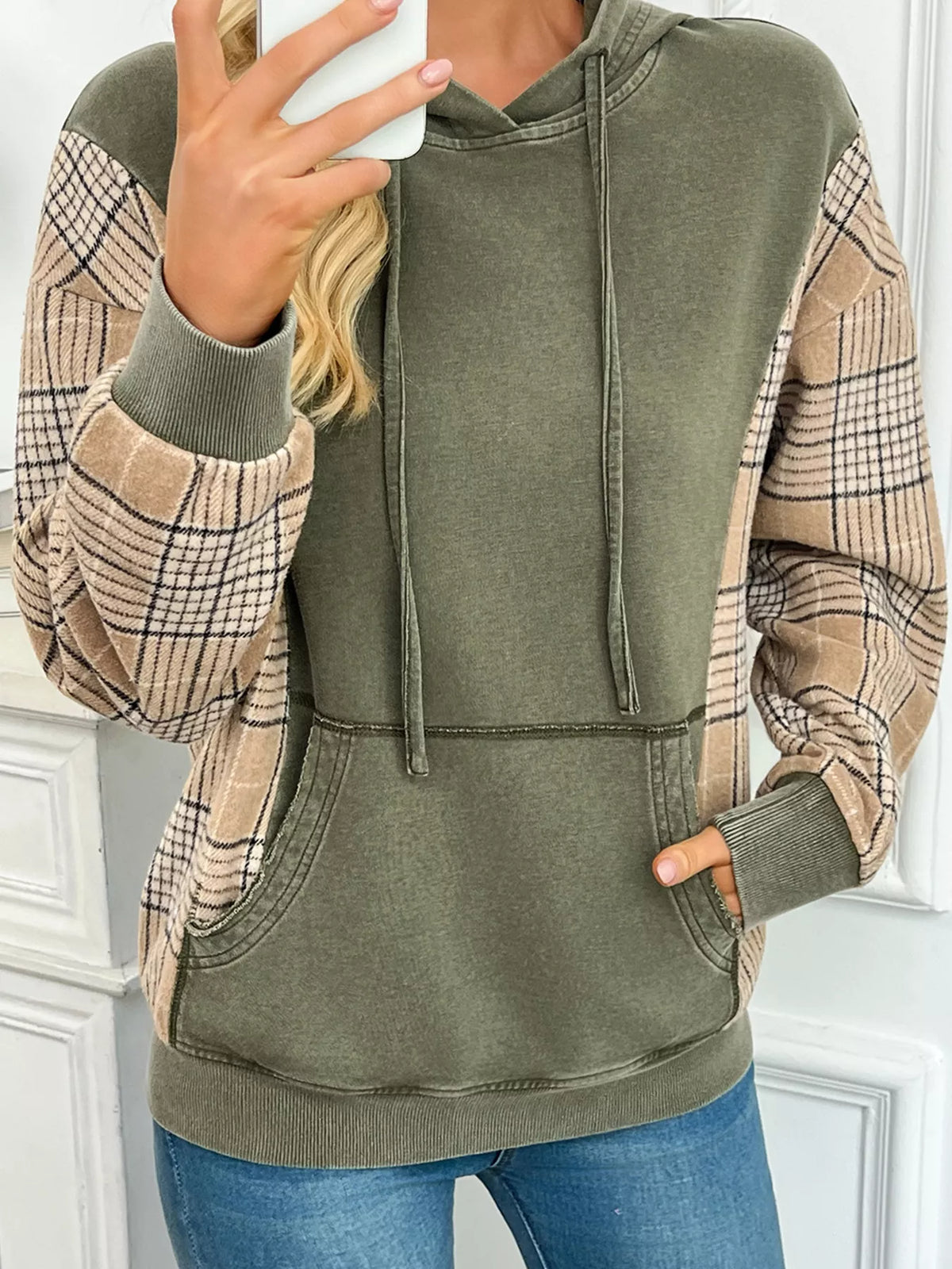 Plaid-sleeve hoodie, olive front pocket view