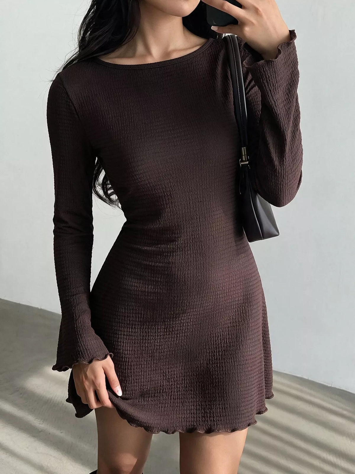 Trendsi Long-Sleeve Waffle Knit Bodycon Mini Dress -