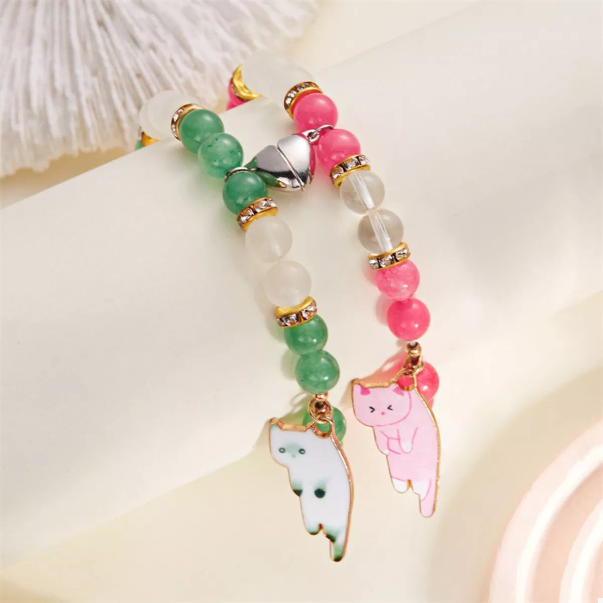 Trendsi 2 Piece Beaded Cat Charm Bracelet -