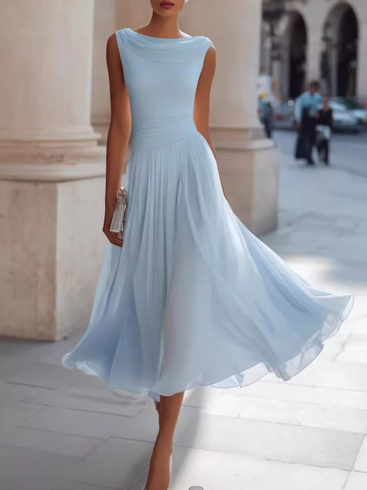 Light blue sleeveless boat neck midi dress — front view