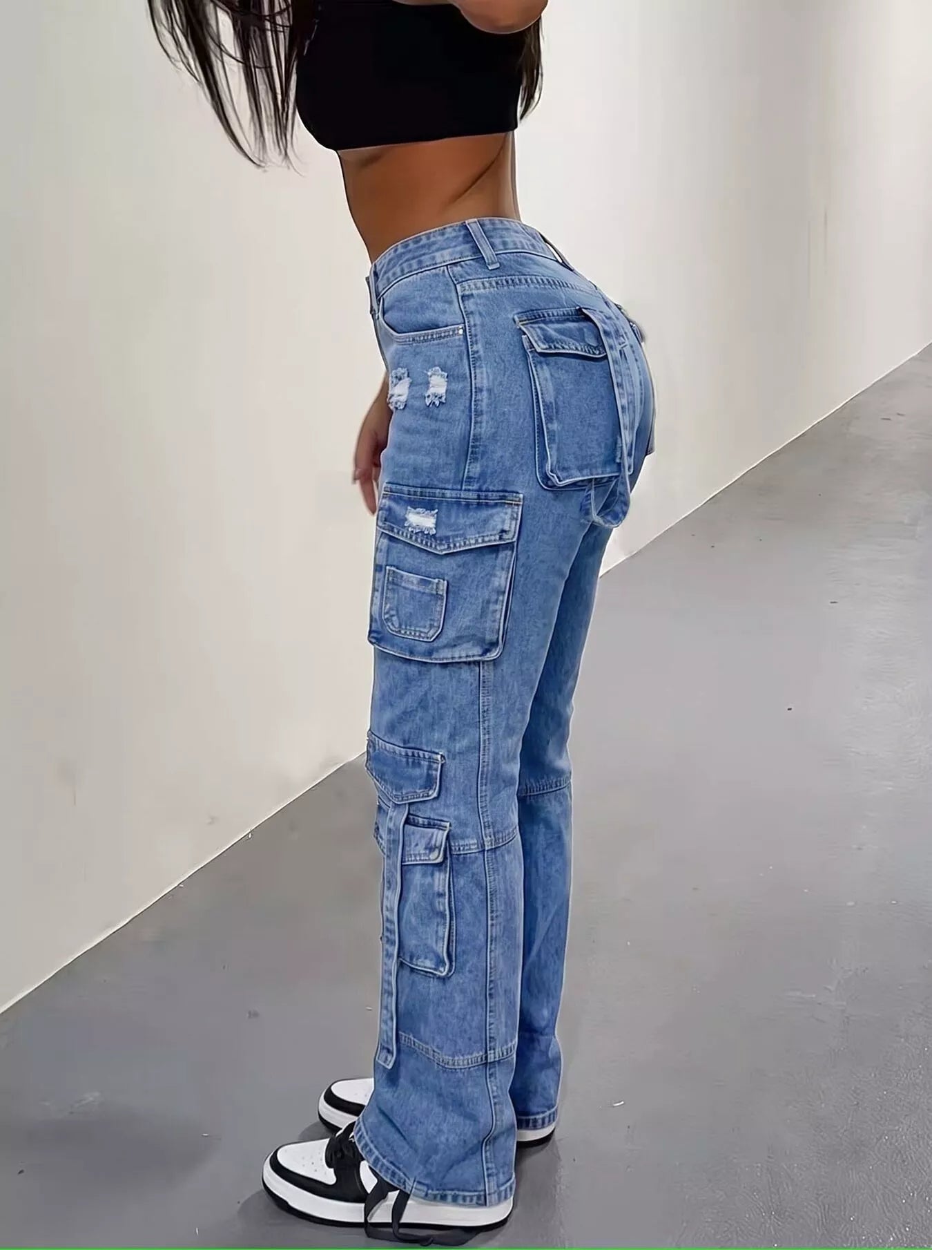 Trendsi High-Waisted Distressed Cargo Jeans -