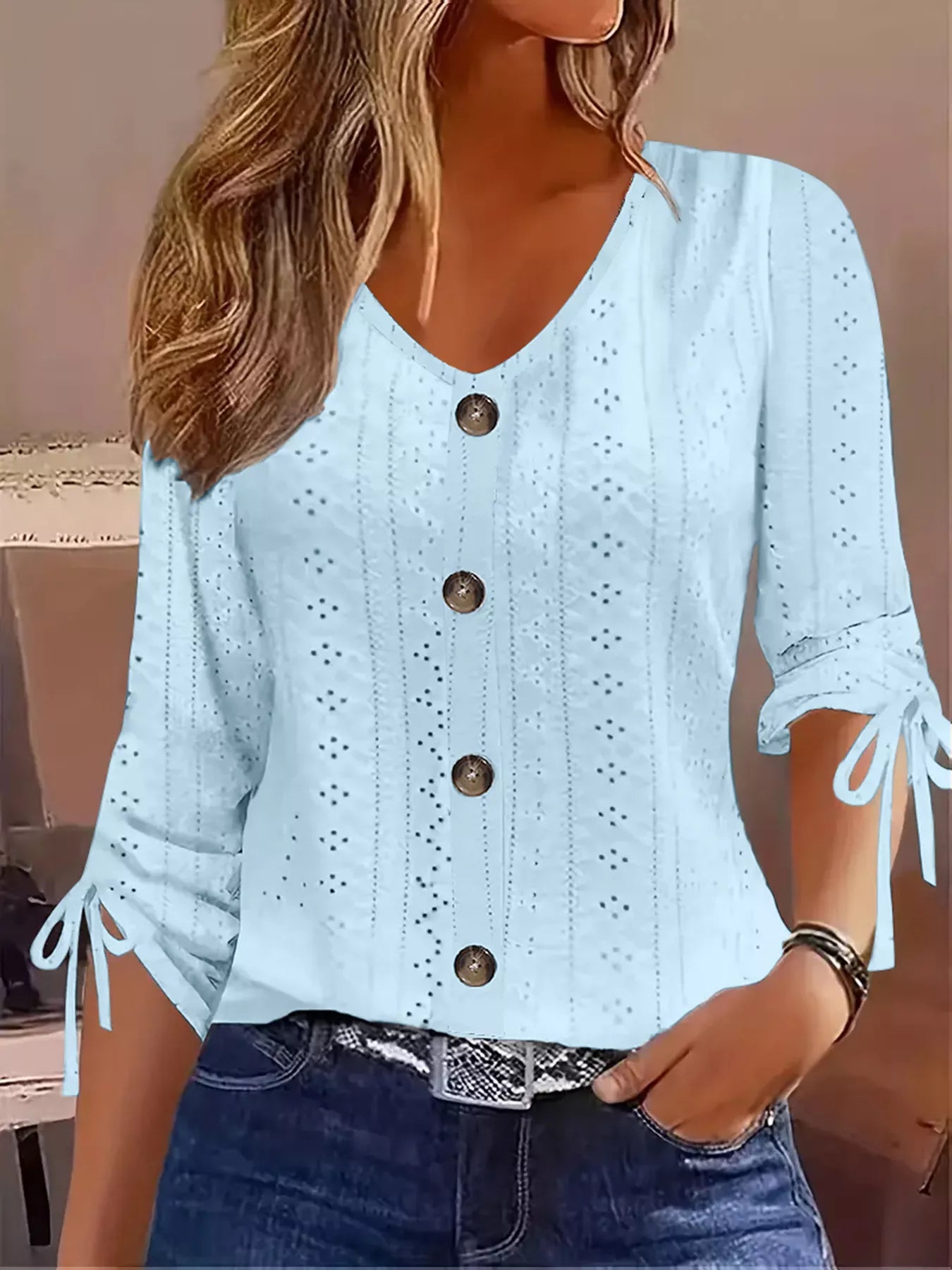 Trendsi Eyelet Tie-Sleeve Detail Top -