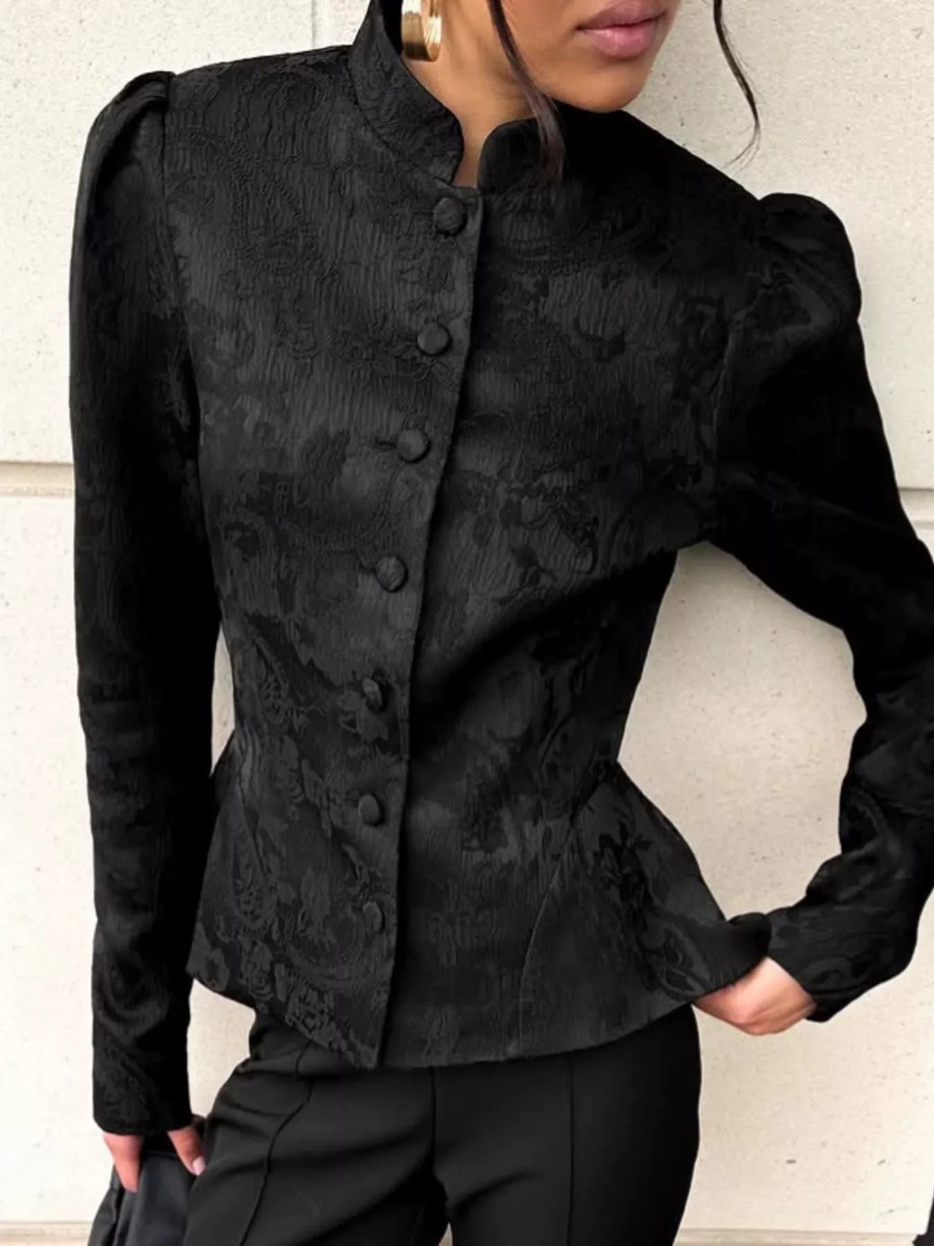 Trendsi Jacquard Peplum Puff Sleeve Outerwear -