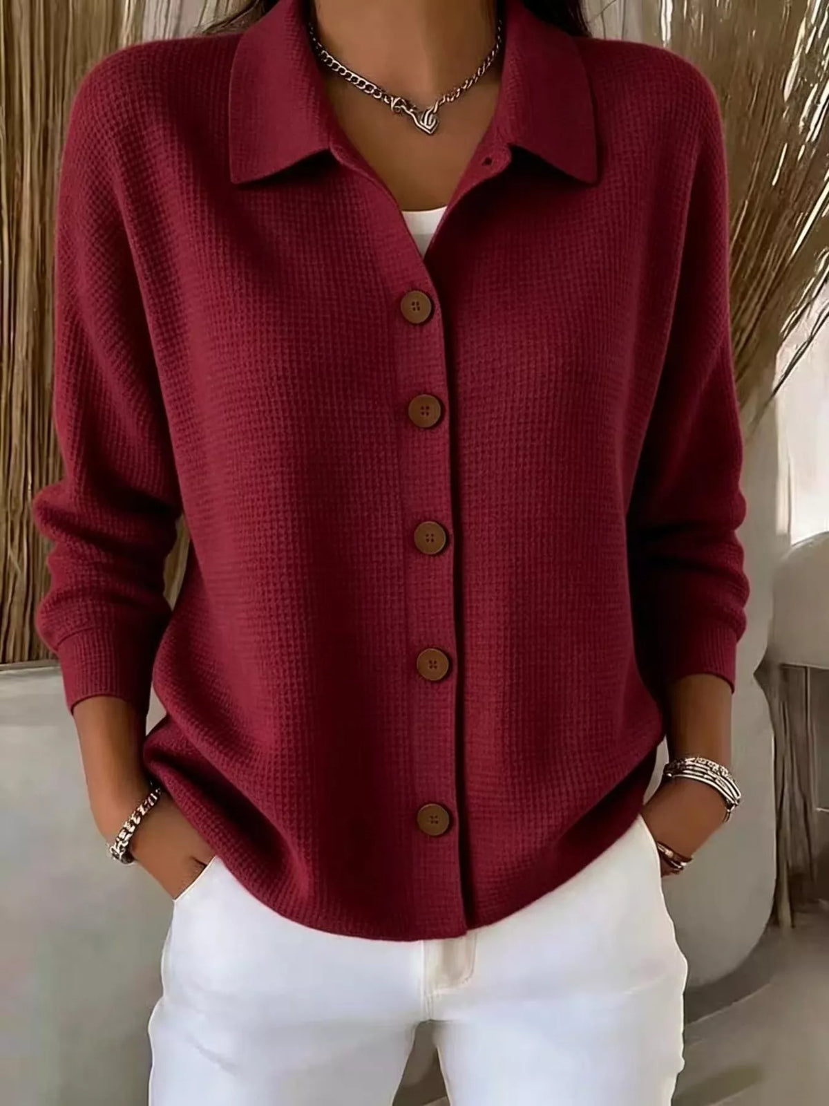 Waffle Knit Button-Down Shirt — front view