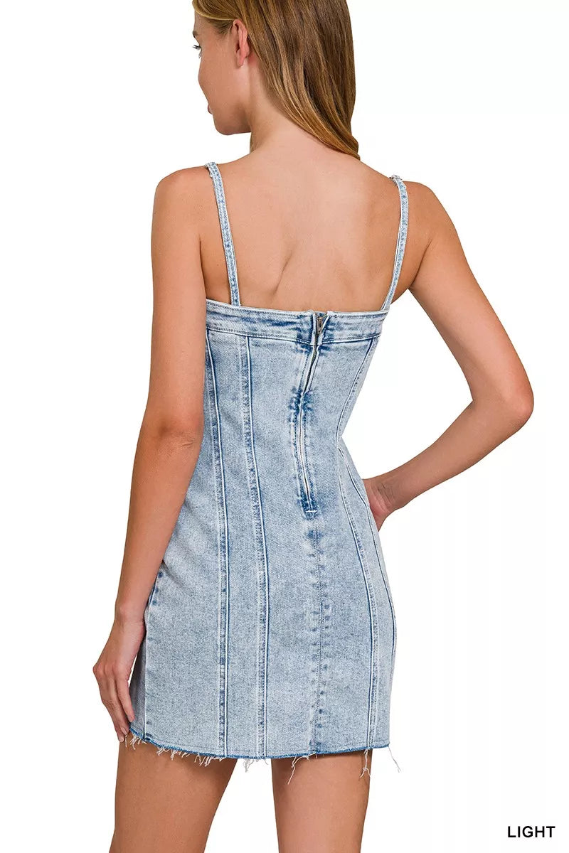 Women's Light-Wash Denim Spaghetti-Strap Dress With Exposed Seams — product view 3