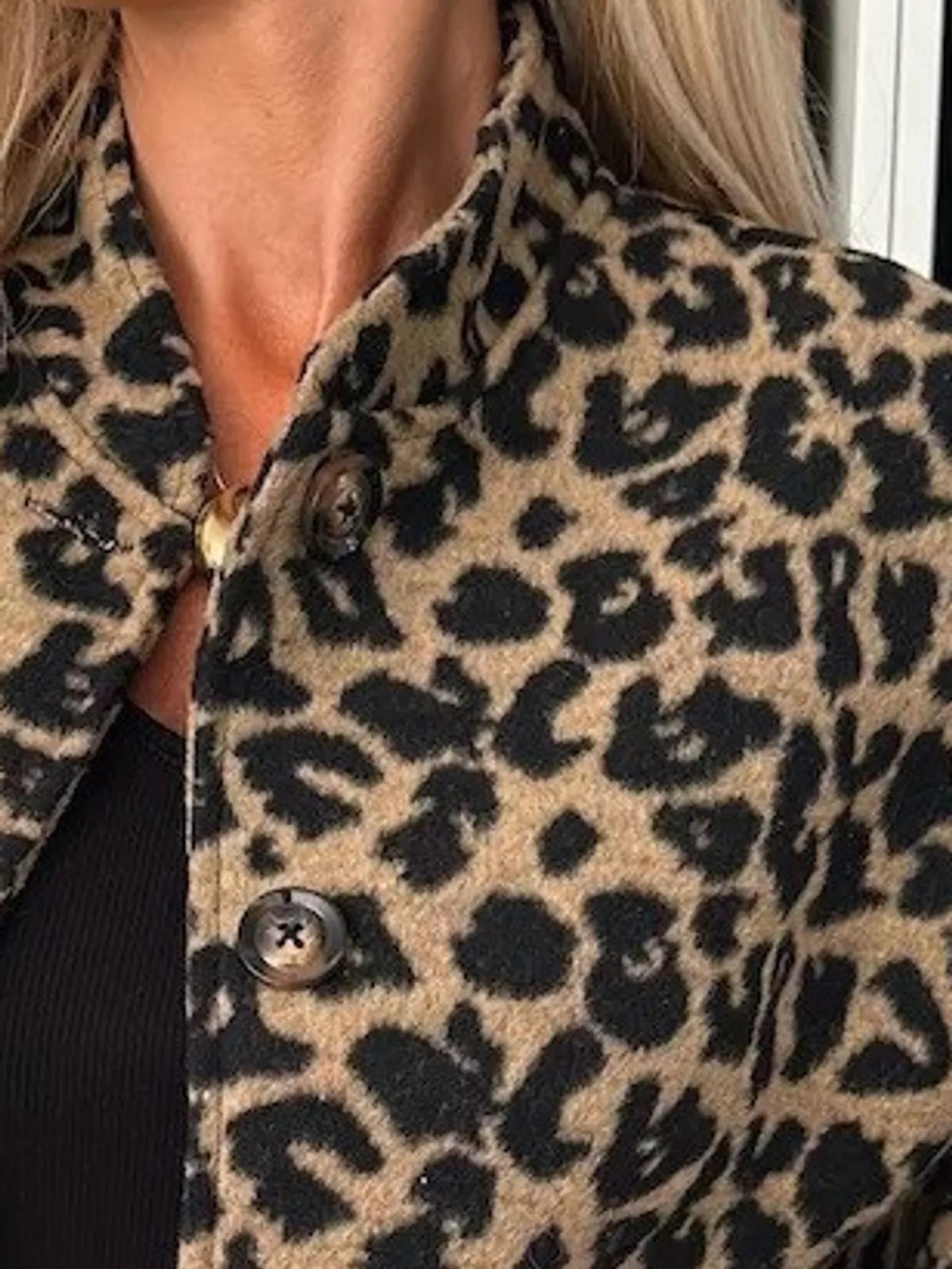 Women's Leopard Print Button-Down Jacket in tan leopard — collar detail view