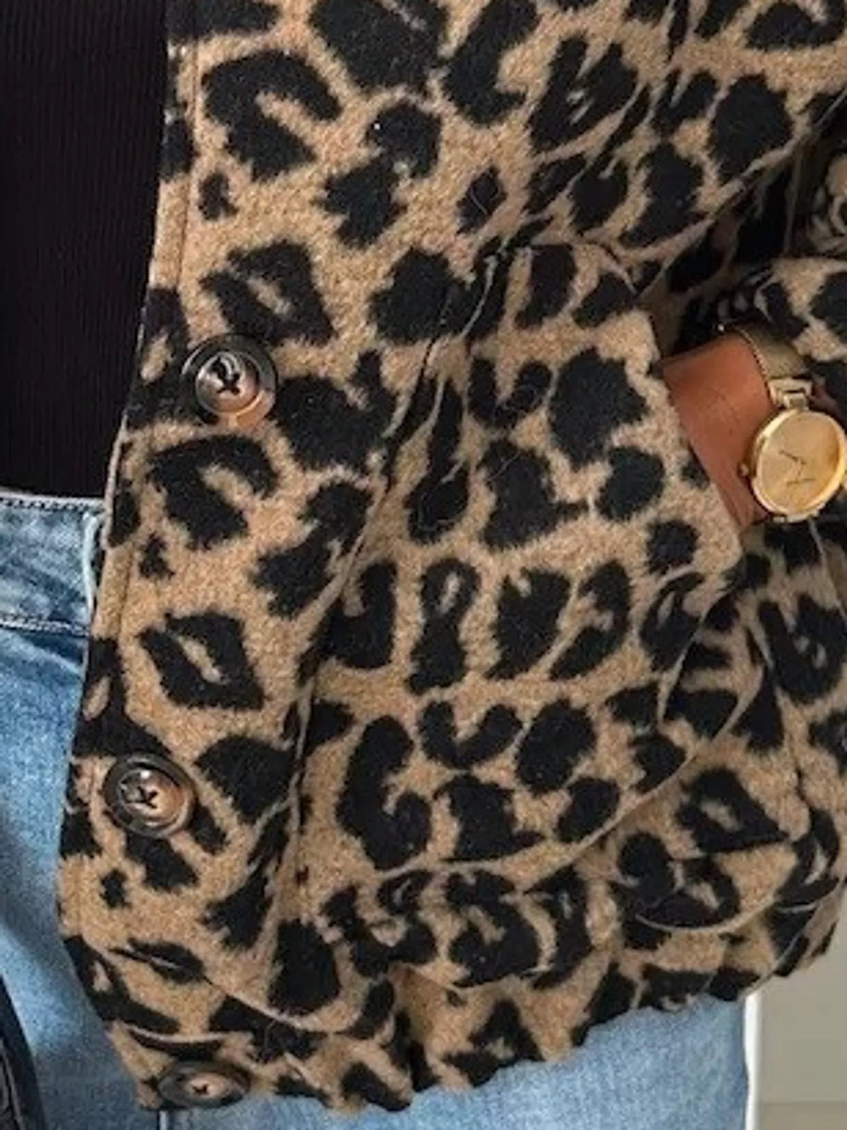 Women's Leopard Print Button-Down Jacket in tan leopard — pocket detail view