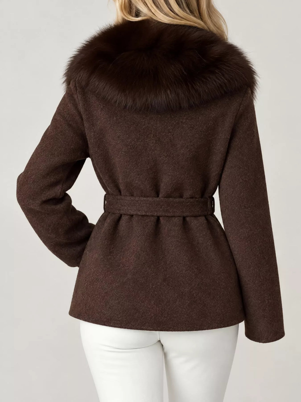 Faux Fur Collar Belted Jacket — back view