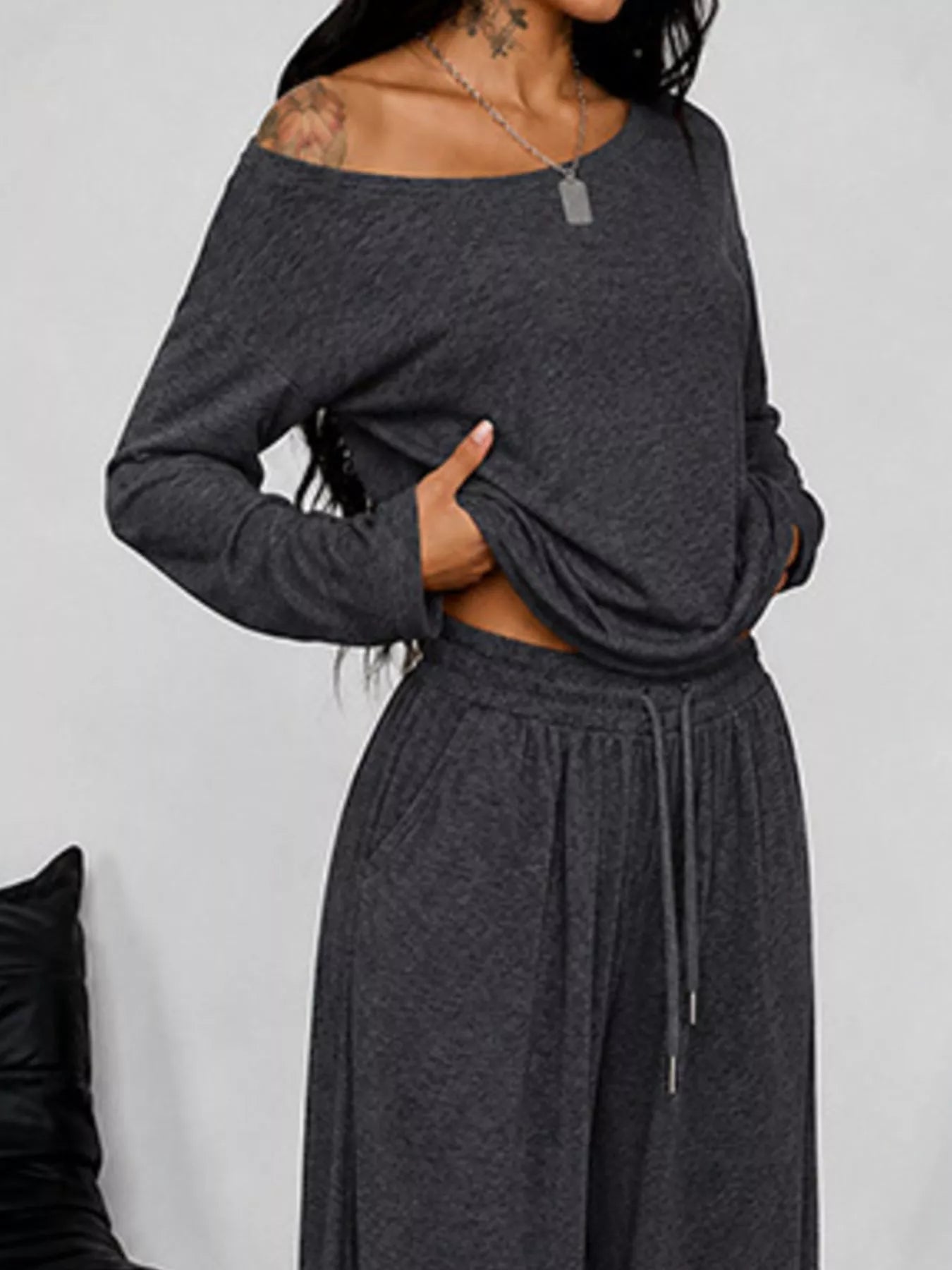 Trendsi Full Size One-Shoulder Top and Drawstring Pants Set Plus Size -