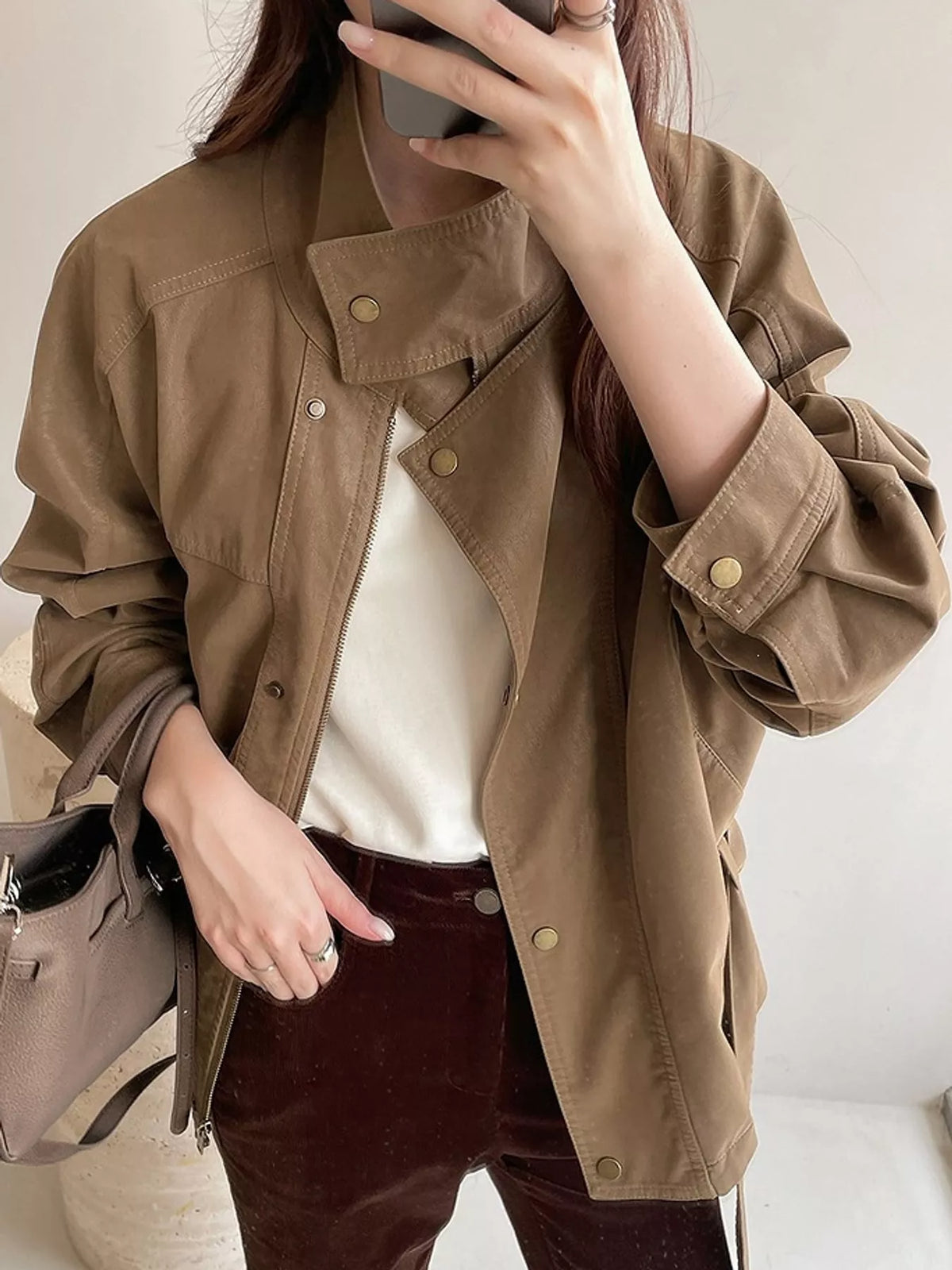 Khaki Color snap down long sleeve jacket
