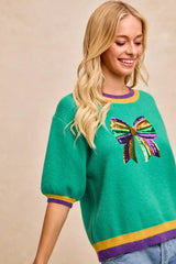 Trendsi BiBi Mardi Gras Sequin Ribbon Patched Sweater -