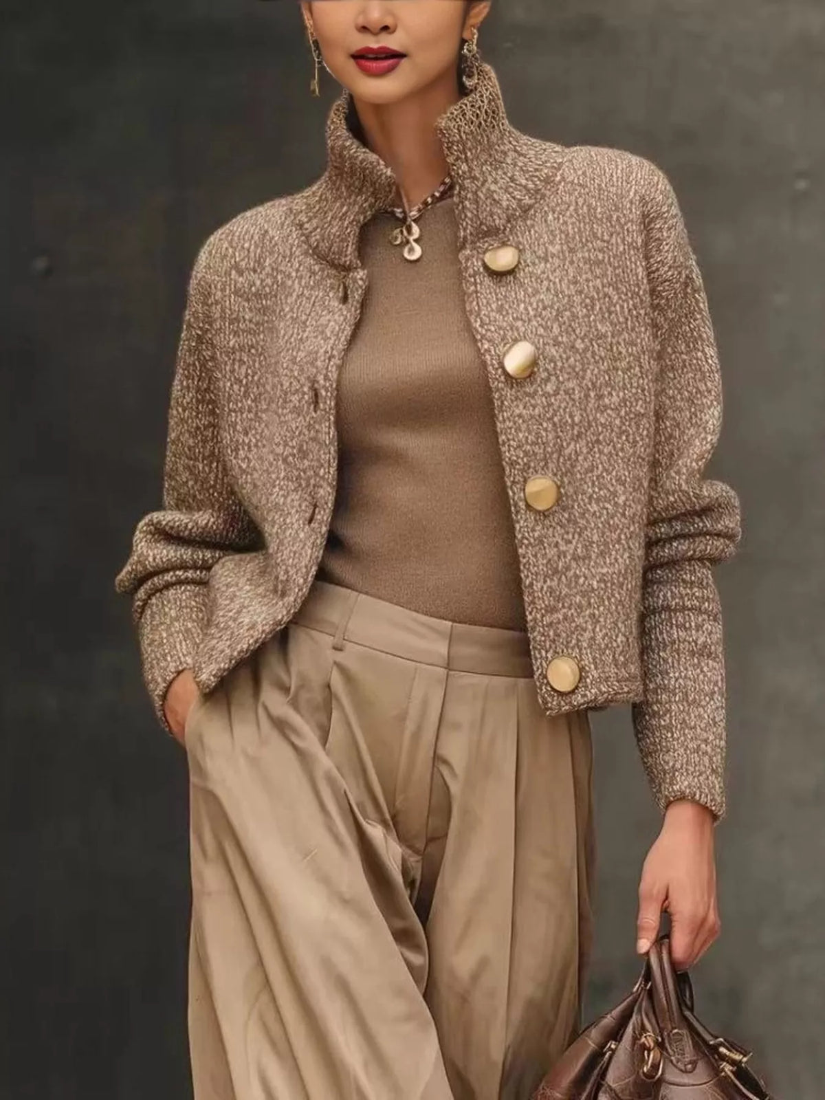 Button-Down Long Sleeve Cardigan in taupe, front view