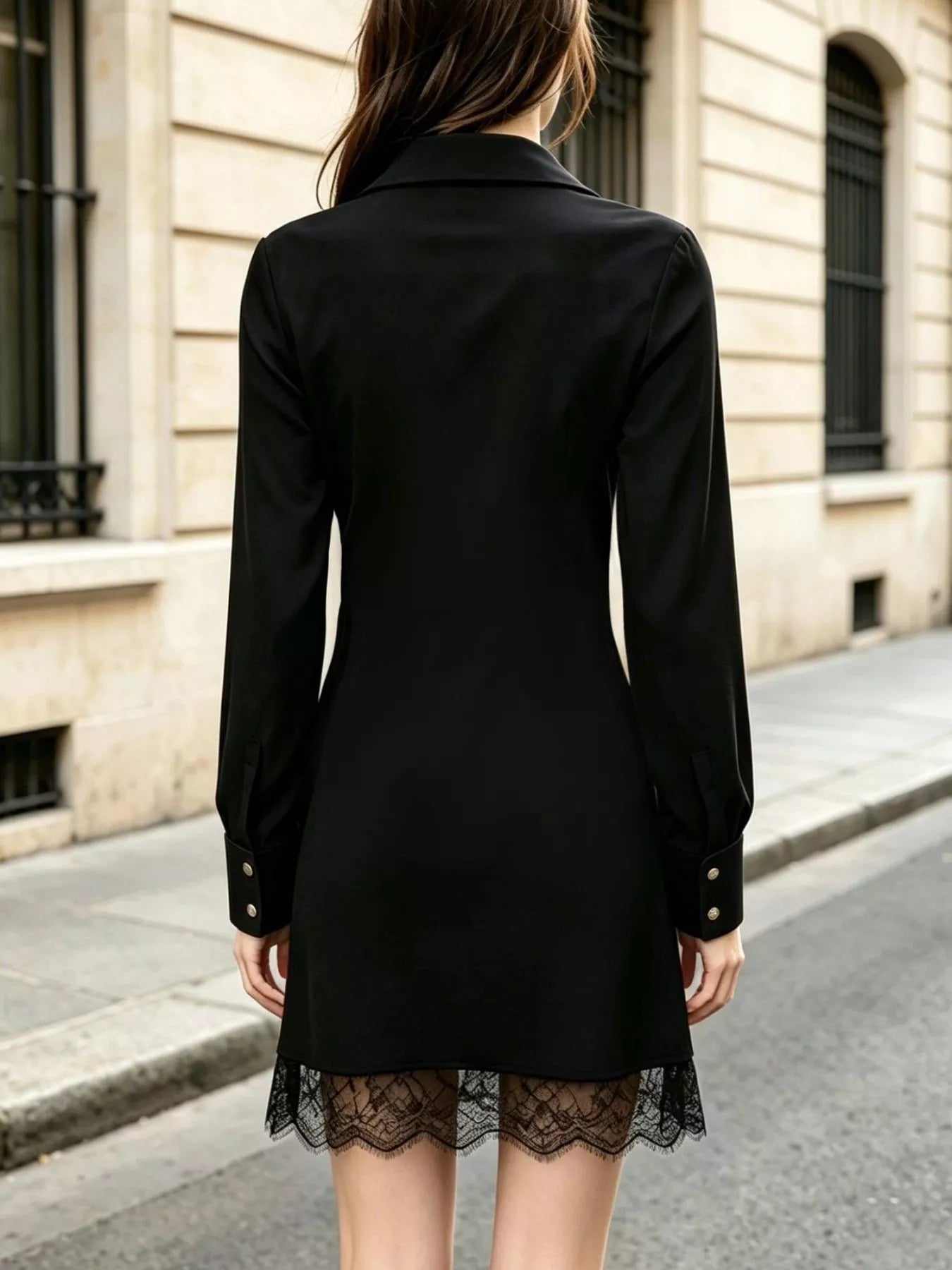 Trendsi Long-Sleeve Shirt Dress with Lace Hem -