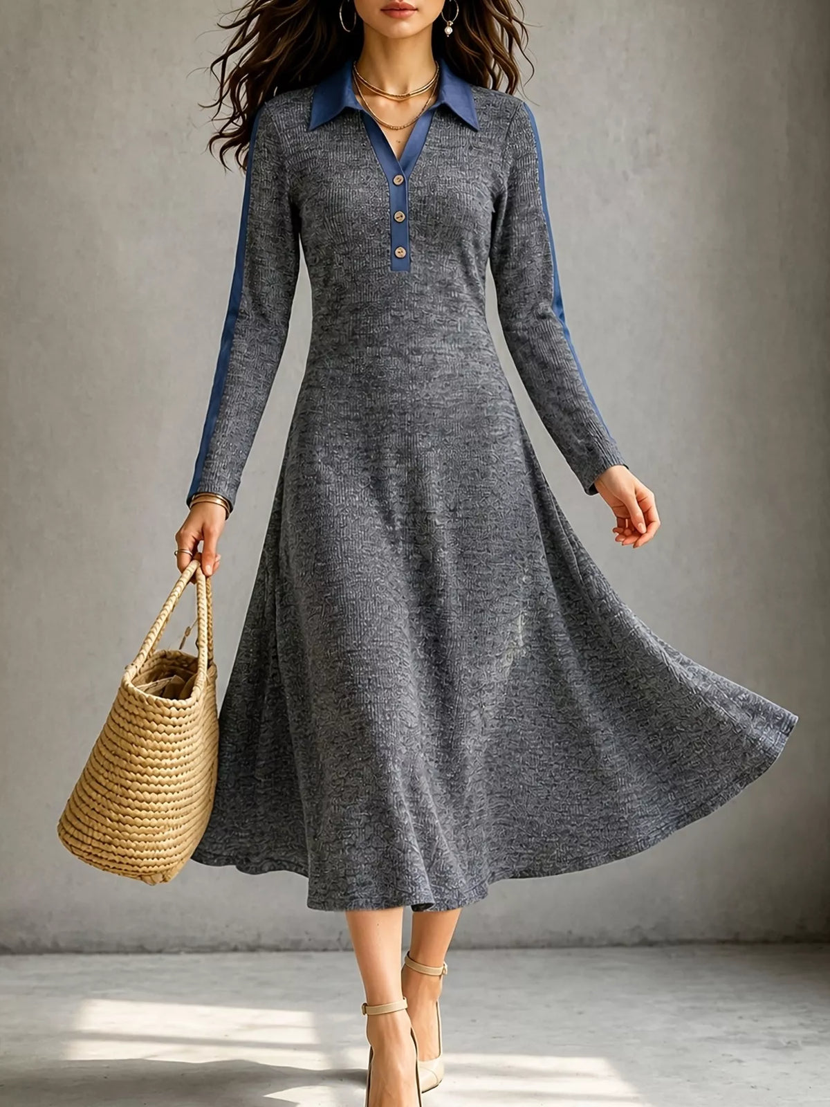 Colorblock Polo Collar Long Sleeve Sweater Dress — front view