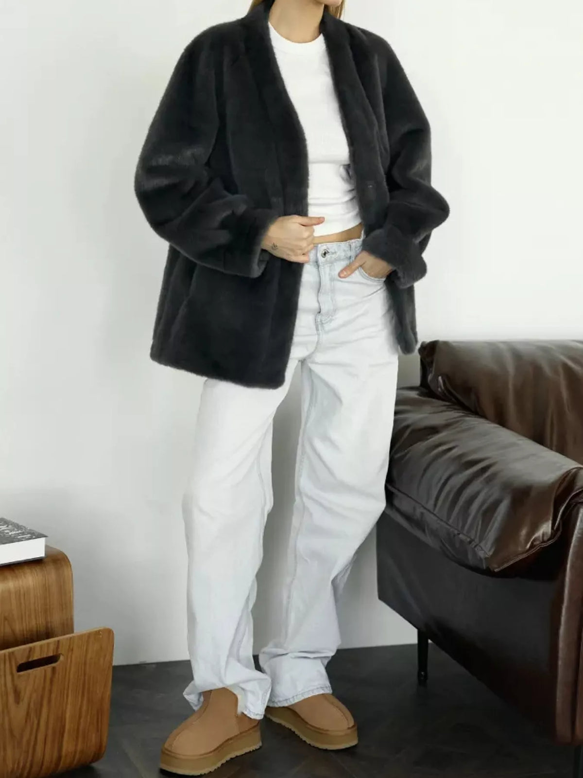 long sleeve jacket, front view on model