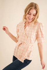 Trendsi And The Why Plaid Patterned and Ruffled Wrap Blouse Top - Pants