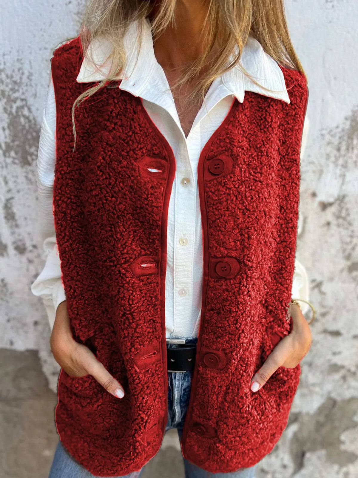 Women's Sherpa Button-Down Vest in red — front view
