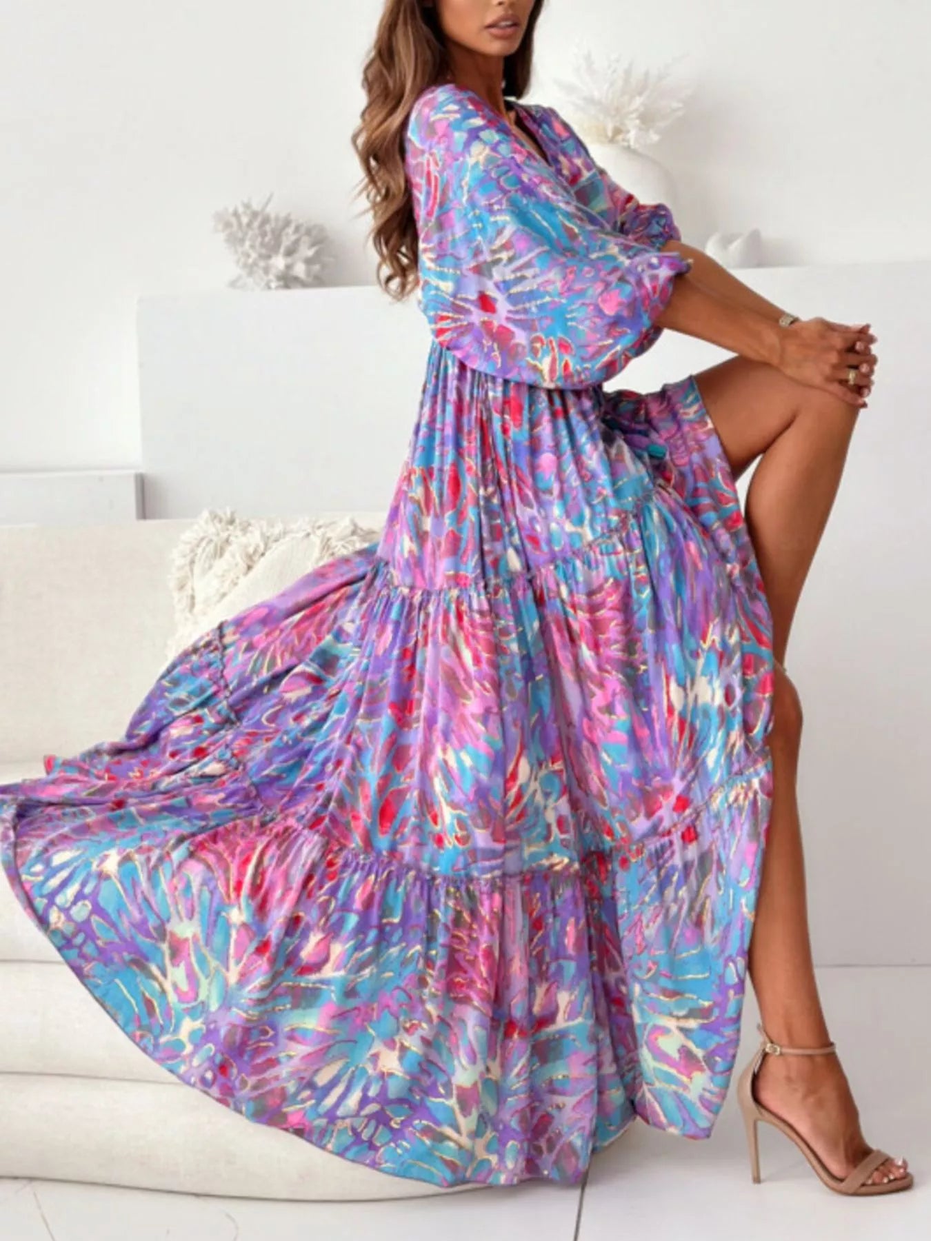 Trendsi Printed V-Neck Balloon Sleeve Slit Maxi Dress -