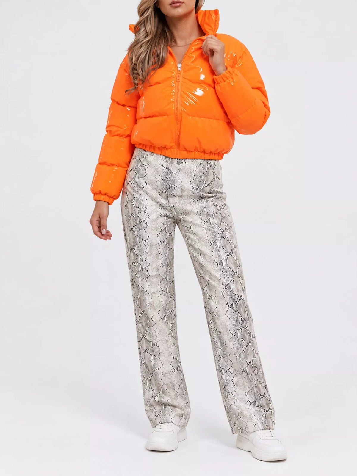 Glossy Stand-Collar Zip-Up Puffer Jacket — front view