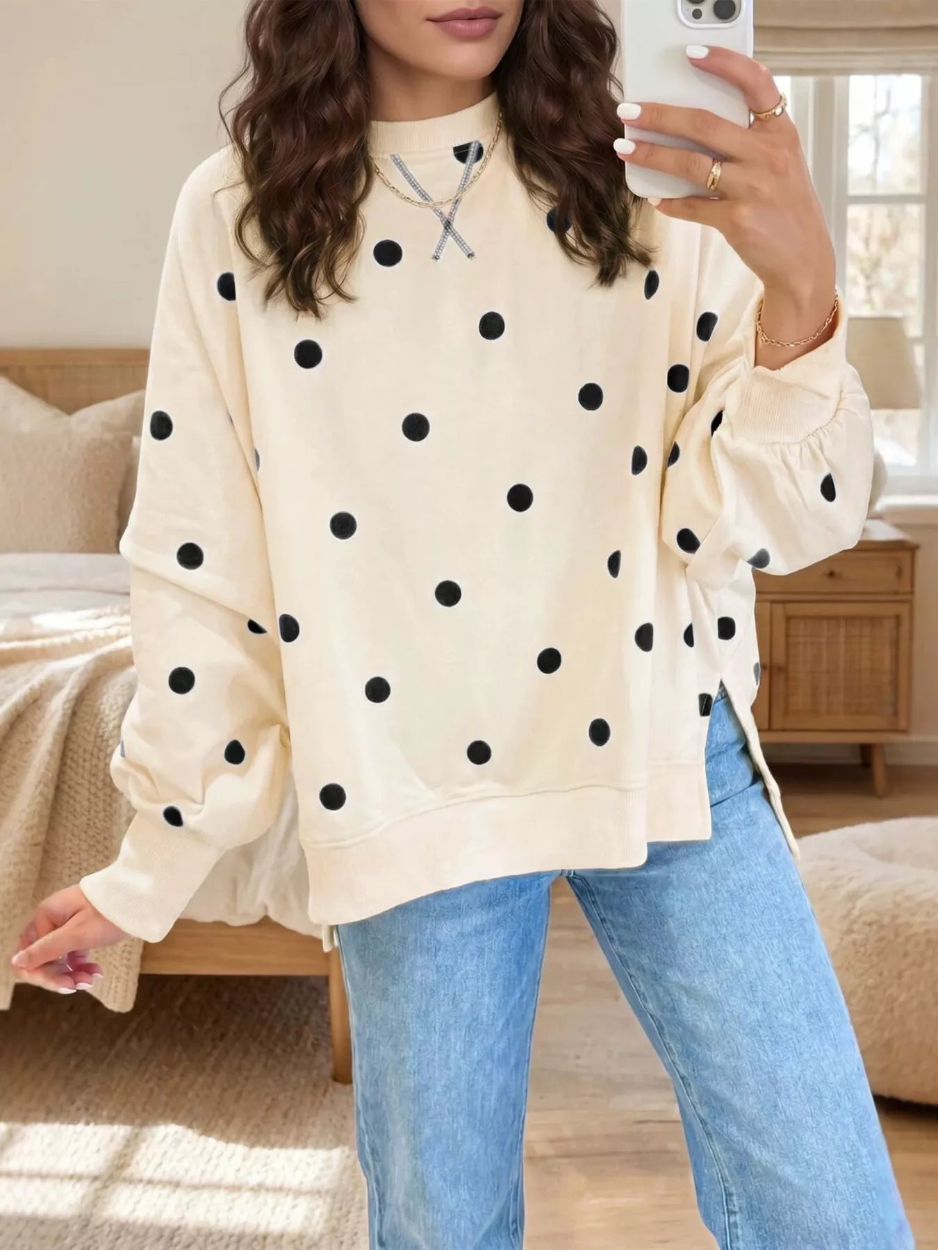 Trendsi Side Slit Polka Dot Oversized Sweatshirt -