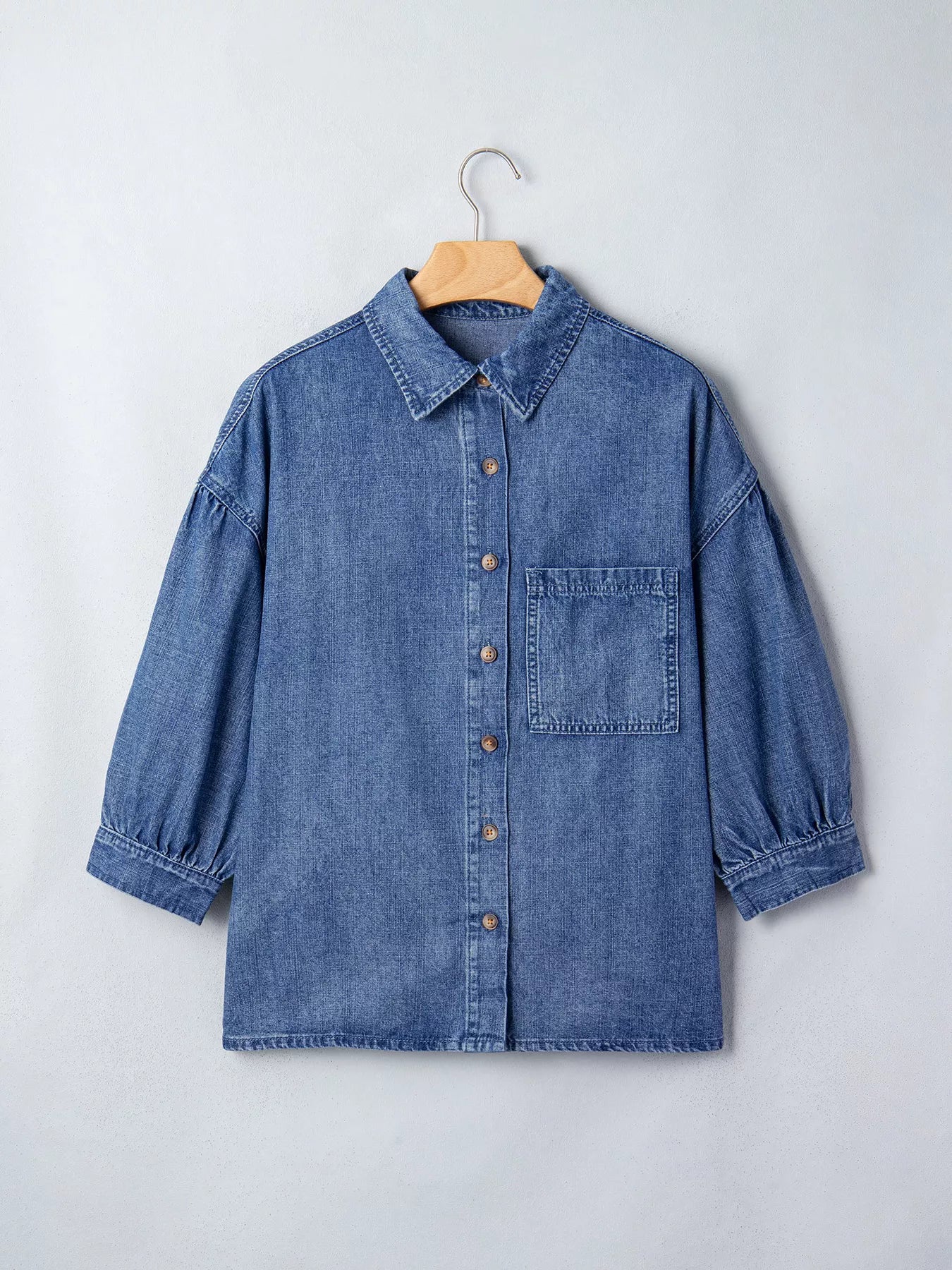 Trendsi Three Quarter Sleeve Button Front Loose Denim Shirt -