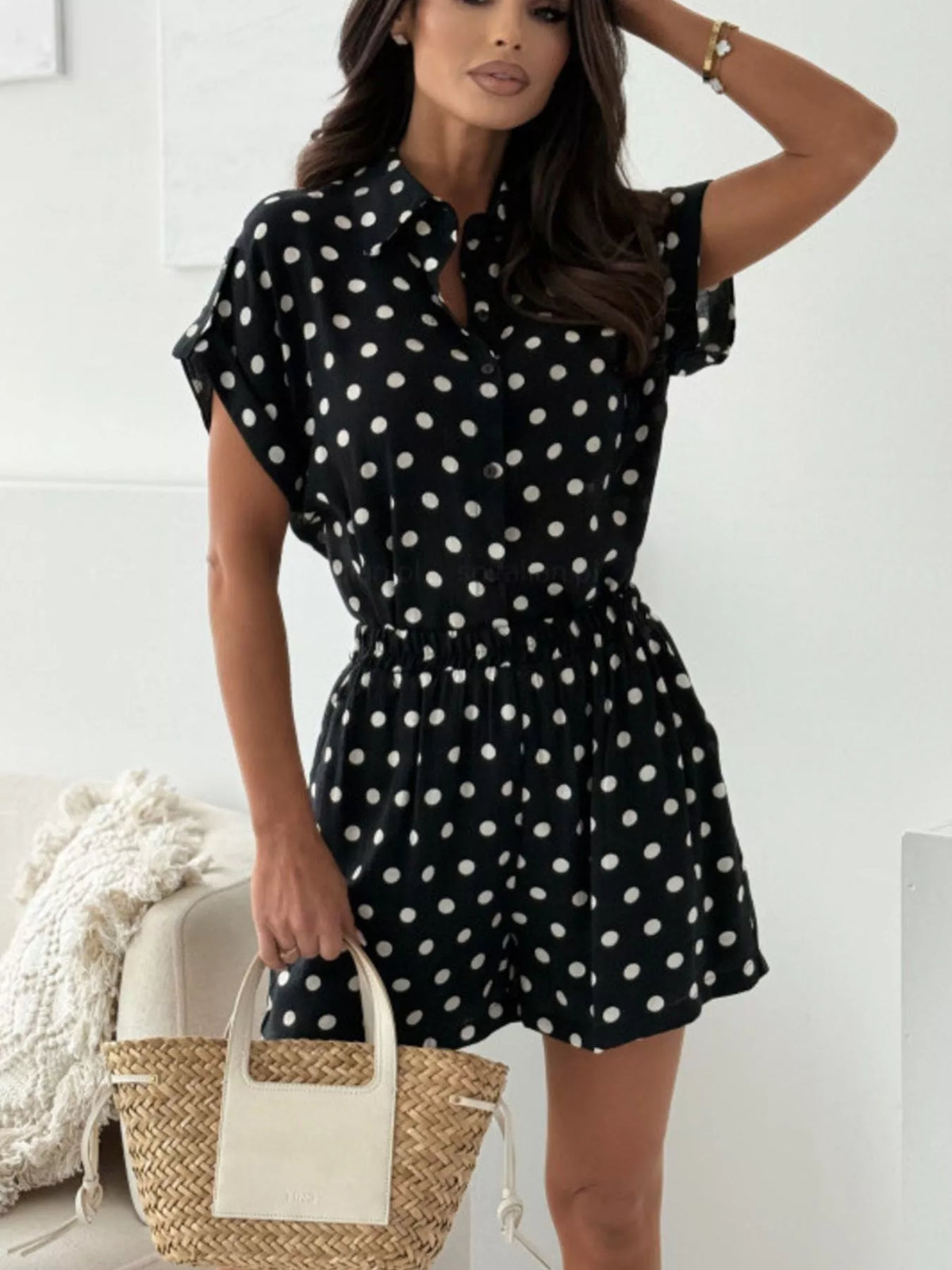 Trendsi Polka Dot Button Up Shirt and Shorts Set -